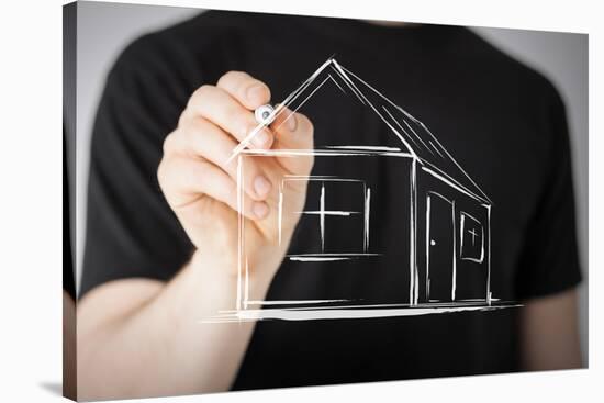 Real Estate, Technology and Accomodation - Picture of Man Drawing a House on Virtual Screen-dolgachov-Stretched Canvas