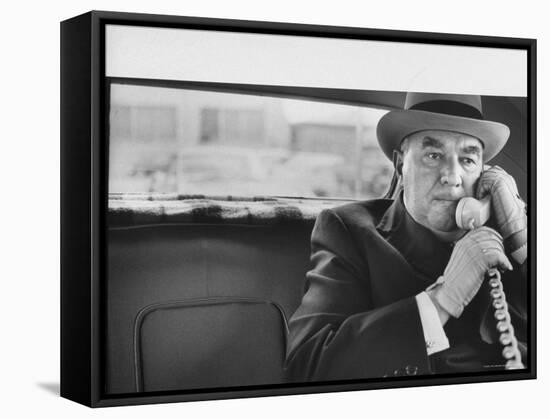 Realtor William J. Zeckendorf, Sitting in the Back Seat of His Limousine Talking on the Telephone-John Loengard-Framed Stretched Canvas