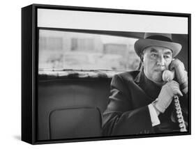 Realtor William J. Zeckendorf, Sitting in the Back Seat of His Limousine Talking on the Telephone-John Loengard-Framed Stretched Canvas