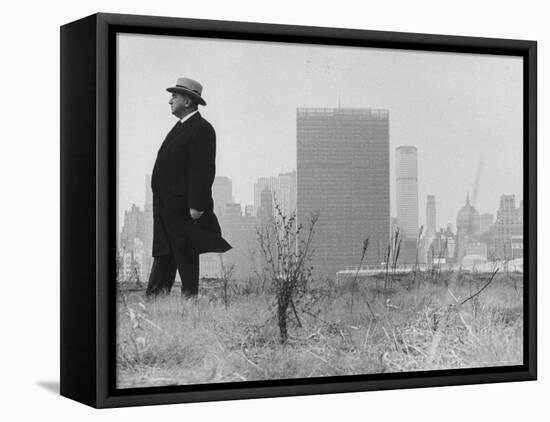 Realtor William J. Zeckendorf, Standing in the Wind Fields Located on the Outskirts of the City-John Loengard-Framed Stretched Canvas