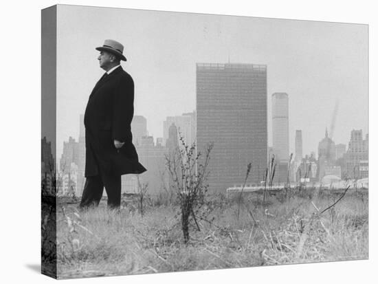 Realtor William J. Zeckendorf, Standing in the Wind Fields Located on the Outskirts of the City-John Loengard-Stretched Canvas