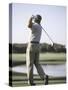 Rear View of a Senior Man Swinging a Golf Club-null-Stretched Canvas