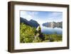 Rear view of photographer admiring the Mefjord blue water standing on rocks-Roberto Moiola-Framed Photographic Print