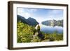 Rear view of photographer admiring the Mefjord blue water standing on rocks-Roberto Moiola-Framed Photographic Print