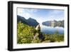 Rear view of photographer admiring the Mefjord blue water standing on rocks-Roberto Moiola-Framed Photographic Print