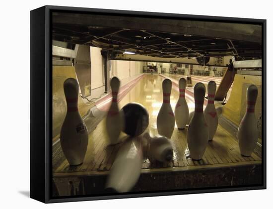 Rear View of Pins Being Struck by a Bowling Ball-null-Framed Stretched Canvas