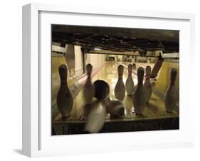 Rear View of Pins Being Struck by a Bowling Ball-null-Framed Premium Photographic Print