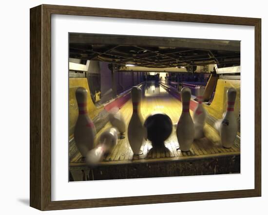 Rear View of Pins Being Struck by a Bowling Ball-null-Framed Premium Photographic Print