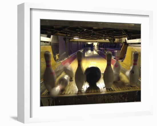 Rear View of Pins Being Struck by a Bowling Ball-null-Framed Premium Photographic Print