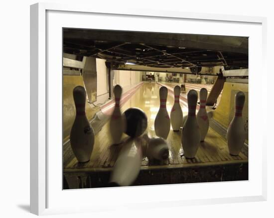 Rear View of Pins Being Struck by a Bowling Ball-null-Framed Photographic Print