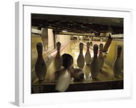 Rear View of Pins Being Struck by a Bowling Ball-null-Framed Photographic Print