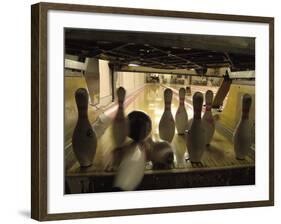 Rear View of Pins Being Struck by a Bowling Ball-null-Framed Photographic Print