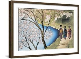 Rear View of Three Girls Walking on a Trail at Lakeside, Arashiyama, Kyoto Prefecture, Japan-null-Framed Giclee Print