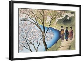 Rear View of Three Girls Walking on a Trail at Lakeside, Arashiyama, Kyoto Prefecture, Japan-null-Framed Giclee Print