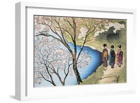 Rear View of Three Girls Walking on a Trail at Lakeside, Arashiyama, Kyoto Prefecture, Japan-null-Framed Giclee Print