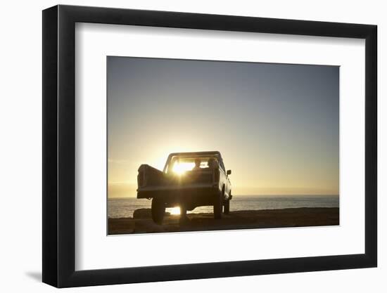 Rear View of Young Couple in Pick-Up Truck Parked in Front of Ocean Enjoying Sunset-Nosnibor137-Framed Photographic Print