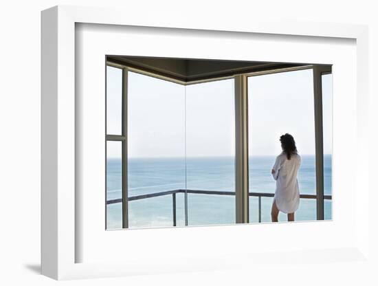 Rear View of Young Woman Looking at Ocean View from Balcony at Resort-Nosnibor137-Framed Photographic Print