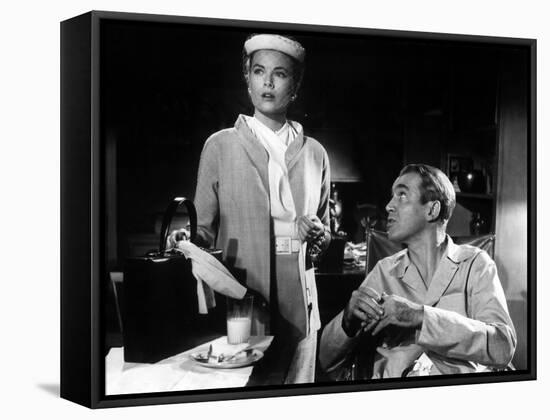 REAR WINDOW, 1954 directed byALFRED HITCHCOCK Grace Kelly and James Stewart (b/w photo)-null-Framed Stretched Canvas