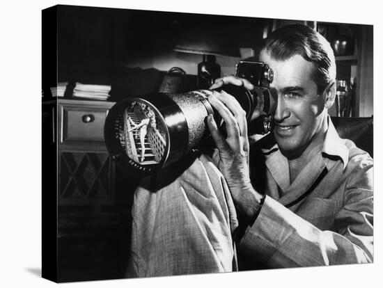 REAR WINDOW, 1954 directed byALFRED HITCHCOCK James Stewart (b/w photo)-null-Stretched Canvas