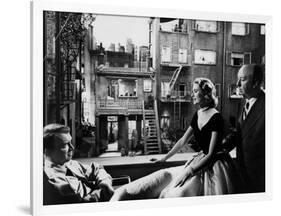 REAR WINDOW, 1954 directed byALFRED HITCHCOCK On the set, Grace Kelly between James Stewart and Alf-null-Framed Photo