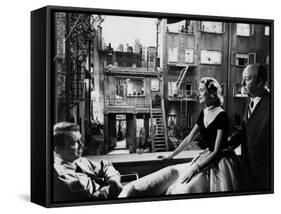 REAR WINDOW, 1954 directed byALFRED HITCHCOCK On the set, Grace Kelly between James Stewart and Alf-null-Framed Stretched Canvas