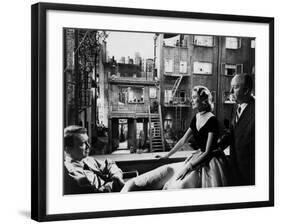 REAR WINDOW, 1954 directed byALFRED HITCHCOCK On the set, Grace Kelly between James Stewart and Alf-null-Framed Photo