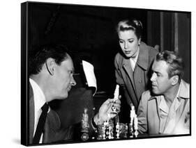 REAR WINDOW, 1954 directed byALFRED HITCHCOCK On the set, Wendell Corey, Grace Kelly and James Stew-null-Framed Stretched Canvas