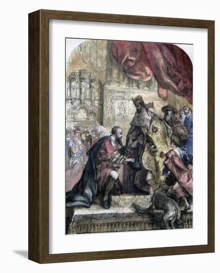 Reception of Columbus by Ferdinand and Isabella, Barcelona, 15th Century-Eugene Deveria-Framed Premium Giclee Print