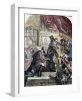 Reception of Columbus by Ferdinand and Isabella, Barcelona, 15th Century-Eugene Deveria-Framed Premium Giclee Print