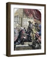 Reception of Columbus by Ferdinand and Isabella, Barcelona, 15th Century-Eugene Deveria-Framed Giclee Print