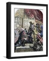 Reception of Columbus by Ferdinand and Isabella, Barcelona, 15th Century-Eugene Deveria-Framed Giclee Print