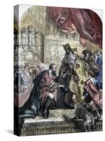 Reception of Columbus by Ferdinand and Isabella, Barcelona, 15th Century-Eugene Deveria-Stretched Canvas