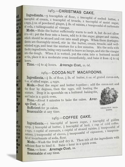 Recipes For Christmas Cake, Cocoa-nut Macaroons and Coffee Cake-Isabella Beeton-Stretched Canvas