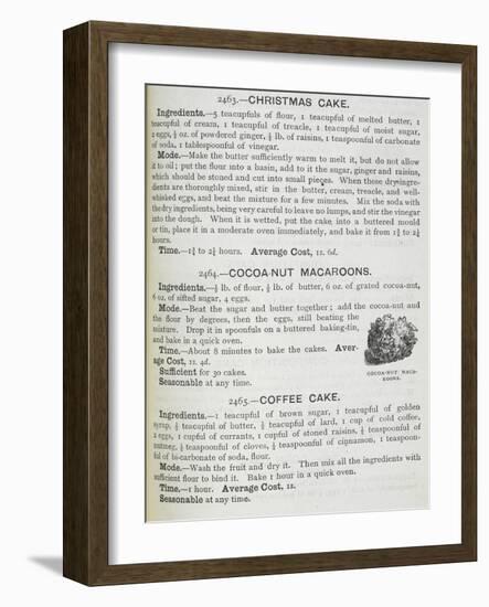 Recipes For Christmas Cake, Cocoa-nut Macaroons and Coffee Cake-Isabella Beeton-Framed Giclee Print