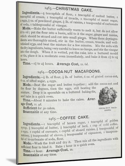 Recipes For Christmas Cake, Cocoa-nut Macaroons and Coffee Cake-Isabella Beeton-Mounted Giclee Print