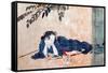 Reclining Beauty and Cat-Kyosai Kawanabe-Framed Stretched Canvas