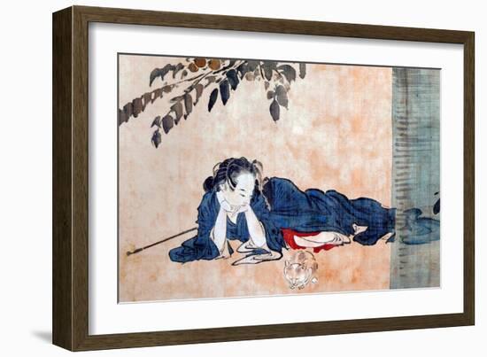 Reclining Beauty and Cat-Kyosai Kawanabe-Framed Giclee Print