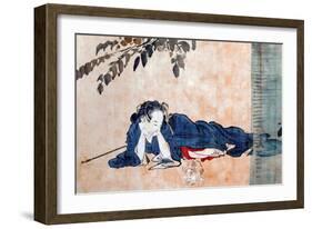 Reclining Beauty and Cat-Kyosai Kawanabe-Framed Giclee Print