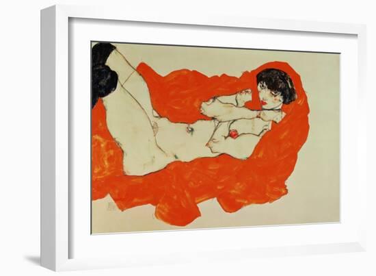 Reclining Female Nude on Red Drape, 1914-Egon Schiele-Framed Giclee Print