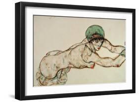 Reclining Female Nude with Green Cap, Leaning to the Right, 1914-Egon Schiele-Framed Giclee Print