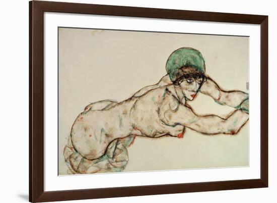 Reclining Female Nude with Green Cap, Leaning to the Right, 1914-Egon Schiele-Framed Giclee Print