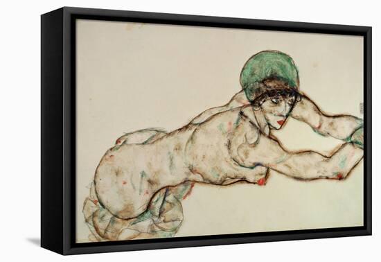 Reclining Female Nude with Green Cap, Leaning to the Right, 1914-Egon Schiele-Framed Stretched Canvas