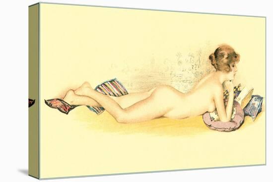 Reclining Nude Reading Book-null-Stretched Canvas