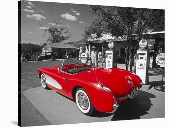 Red 1957 Corvette at Vintage Gas Station-Kerrick James-Stretched Canvas