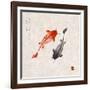 Red and Black Koi Carps Hand Drawn with Ink in Traditional Japanese Painting Style Sumi-E on Vintag-Elina Li-Framed Art Print