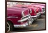 Red and pink vintage American car taxis on street in Havana, Cuba, West Indies, Central America-Ed Hasler-Framed Photographic Print