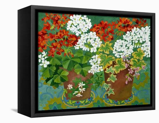 Red and White Geraniums in Pots, 2013-Jennifer Abbott-Framed Stretched Canvas