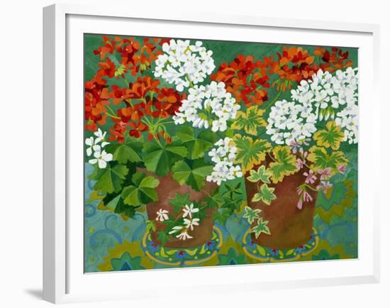 Red and White Geraniums in Pots, 2013-Jennifer Abbott-Framed Giclee Print