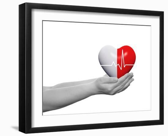 Red and White Human Heart Sign or Symbol with Pulse Held in Human Man or Woman Hands-bestdesign36-Framed Photographic Print