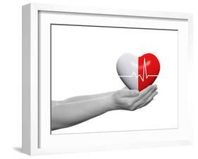 Red and White Human Heart Sign or Symbol with Pulse Held in Human Man or Woman Hands-bestdesign36-Framed Photographic Print